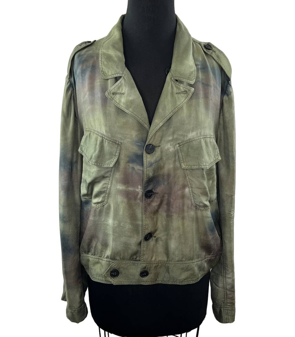 Raquel Allegra Silk Twill Green Blue Brown Tie-Dye Military Jacket Relaxed 3 L